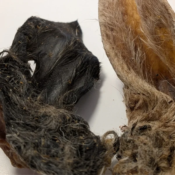 Närbild på Emmzo lammöron med päls – svenskt naturligt hundtugg