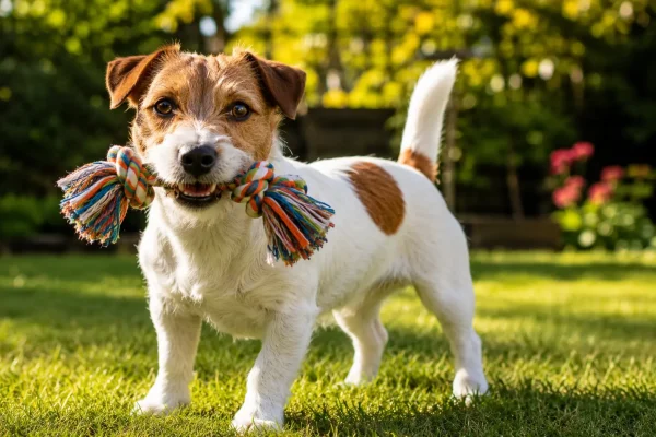 Jack russell hund i solig trädgård