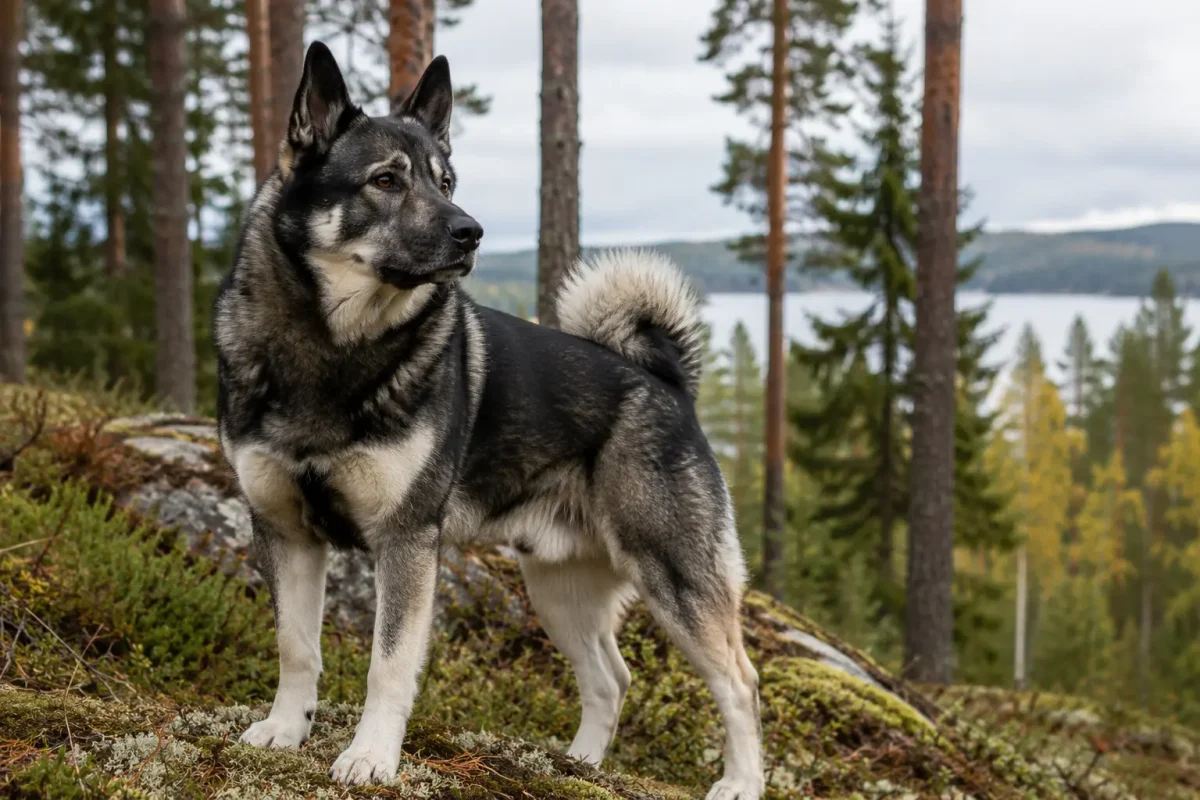 jämthund som står i svensk skogsmiljö och spanar över landskapet.