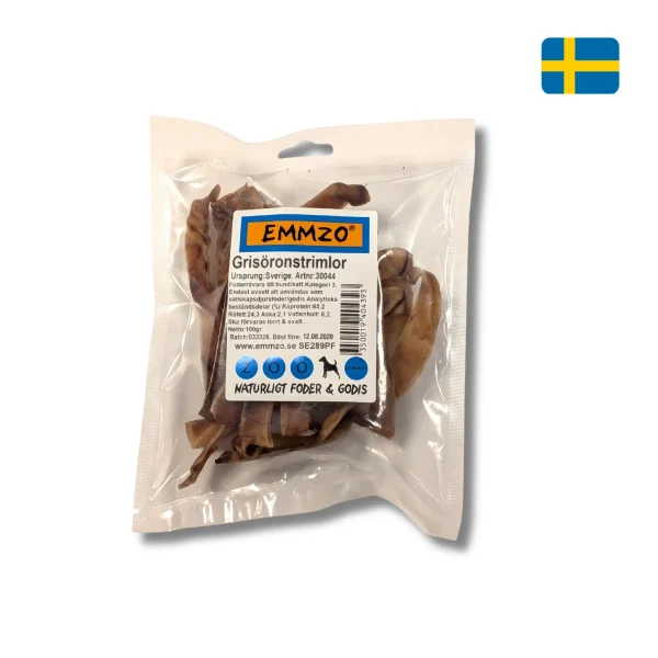 Emmzo Svenska Grisöronstrimlor Storpack 100 g – naturligt hundtugg av svenska grisöron